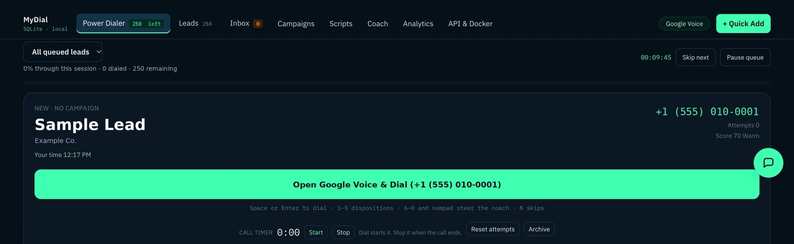 myDial power dialer with a sample lead loaded and the Open Google Voice and Dial button. Sample data shown.